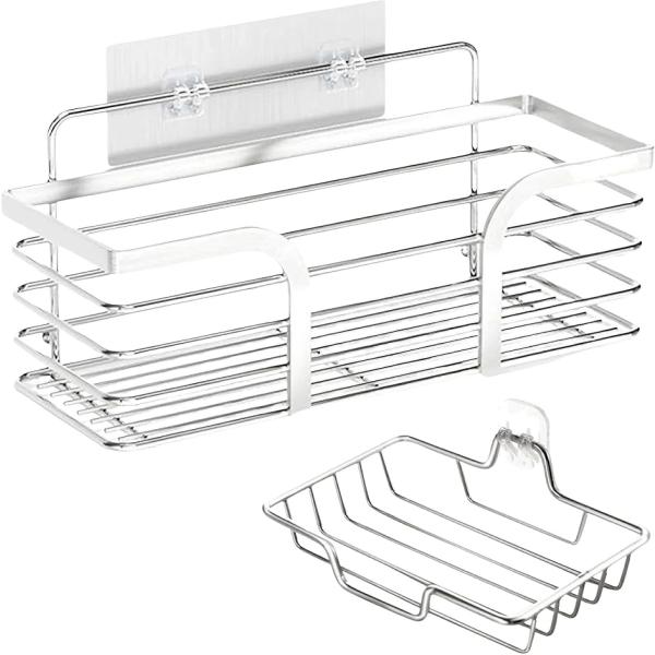 シャワーラック 2点セット 壁掛け バスラック 石鹸置き付き 粘着式(ラック＋トレー,  バスラック...