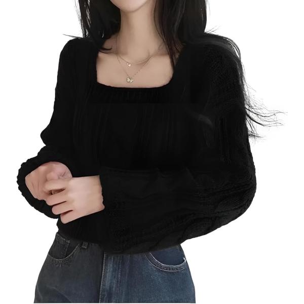 ニット セーター レディース スクエアネック ショート丈 トップス ケーブル編み クロップド丈 長袖...