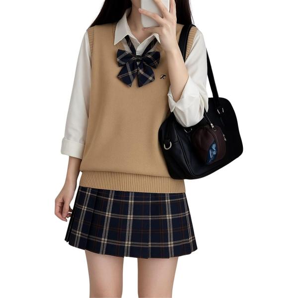 制服 女子高生 コスプレ ニット チェックスカート 長袖シャツ リボン かわいい 洗える 4点 セッ...