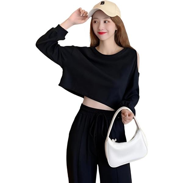 レディース オフソルダー トップス 肩開き Y2K ショート丈トレーナー 長袖 プルオーバー クルー...