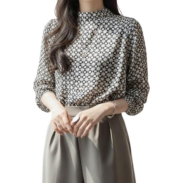 ブラウス レディース 長袖 幾何学柄 スタンドカラー シフォン 通勤 仕事 オフィス 上品 体型カバ...