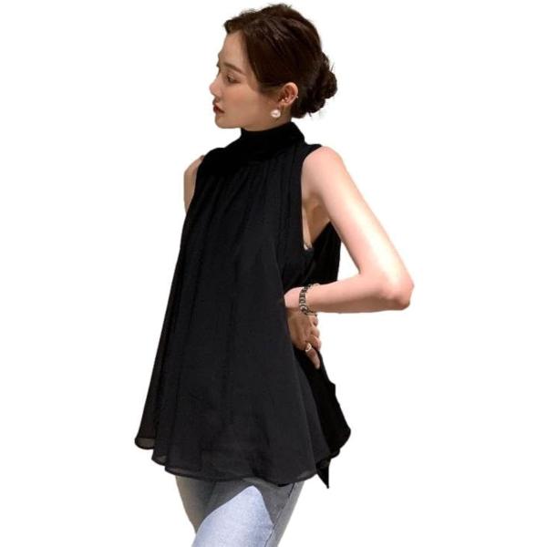 ブルーベリル シフォンブラウス レディース ギャザーブラウス ノースリーブ スタンドカラー バックリ...