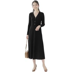 ニットワンピース ロング 長袖 vネック レディース vネックワンピース ロング丈 お呼ばれ 秋 冬...