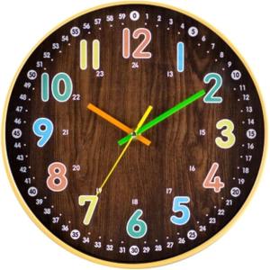 教育用アナログ壁掛け時計 カラフル数字 分数表示付き 30センチメートル子供の時間学習用 (カラフル木目, 標準的な壁掛け時計サイズ)