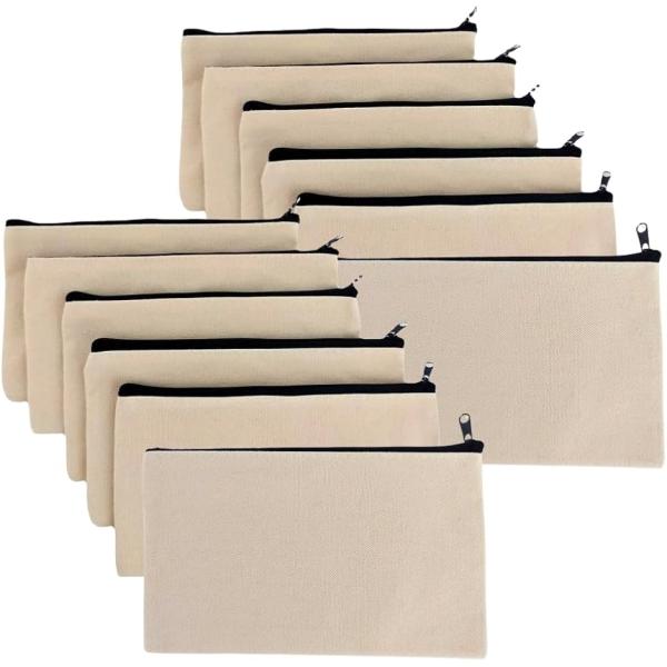 ポーチ 無地 キャンバス 小物入れ ジッパー 12cmx21cm 12枚セット (ベージュ)