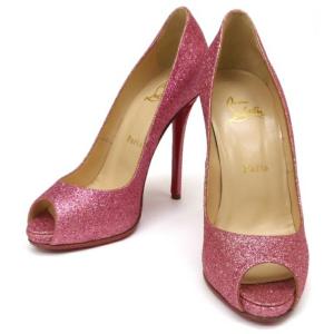 Christian Louboutin ヒールパンプス グリッター オープントゥ ピンクラメ 37 【中古】(58865)｜horita78