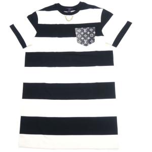 ルイ・ヴィトン LOUISVUITTON ボーダーTシャツワンピース ネックチェーン デニムポケット サイズXL 黒白 コットン(67466)