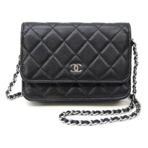 シャネル CHANEL チェーンウォレット ショルダーバッグ マトラッセ A1649 黒 キャビアスキン 【中古】(70122)