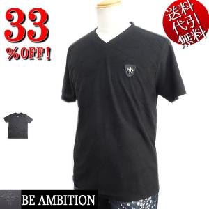 Be Ambition 百合ワッペン ふくれ柄 ロゴ刺繍 Vネック TEE 半袖Ｔシャツ 黒：XL T20104｜horman