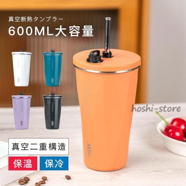 タンブラー 水筒 ストロー付き 600ml 蓋付き 大容量 真空断熱 保温 持ち運び 直飲み 二重構...