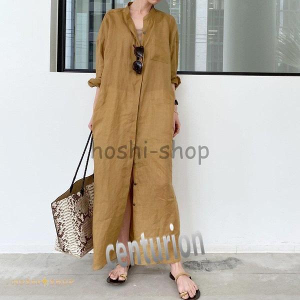 シャツワンピース レディース 40代 きれいめ リネンワンピース マキシワンピース 春秋 長袖ワンピ...