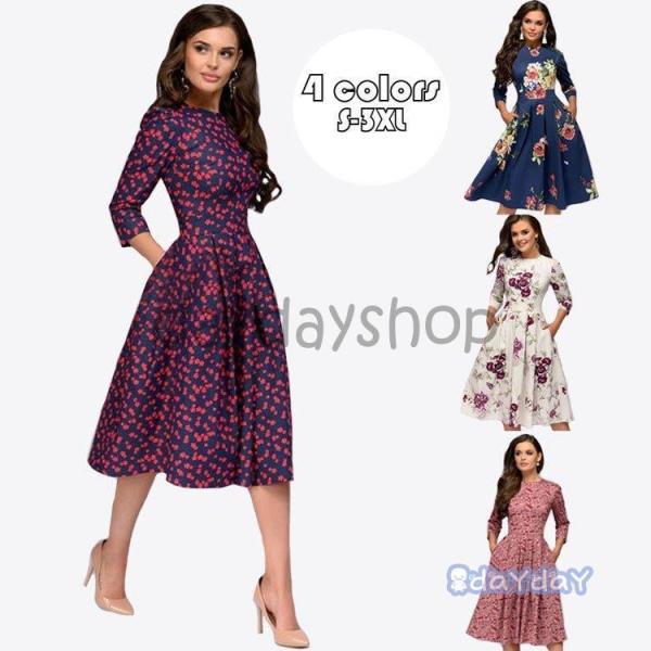 ワンピース レディース aラインワンピース ドレス 春秋 七分袖 花柄 プリント 丸い襟 パーティー...