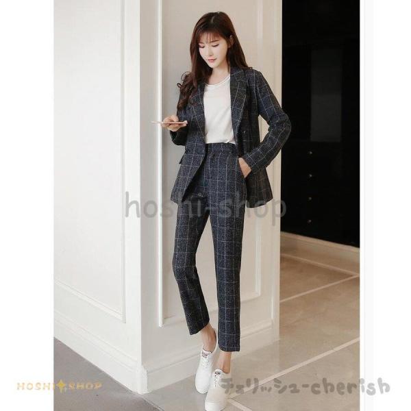 パンツスーツ レディースセットアップ カジュアル 上品 チェック柄 韓国風 事務服 細身シルエット ...