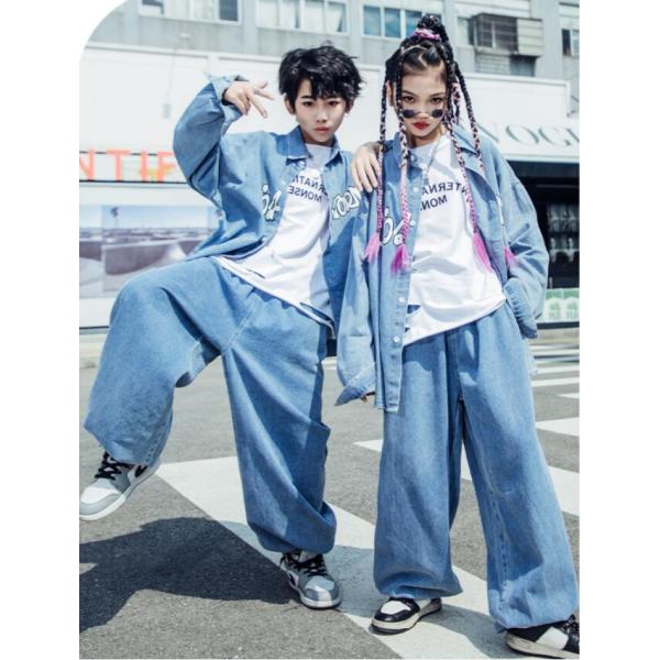 キッズダンス衣装 ヒップホップ HIPHOP セットアップ デニム シャツ ジーンズ デニムパンツ ...