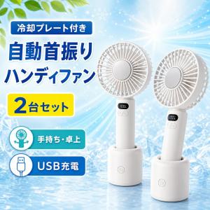 冷却プレート付き ハンディファン 2台セット 自動首振り 手持ち 卓上 100段階風量 USB充電 携帯扇風機 暑さ対策