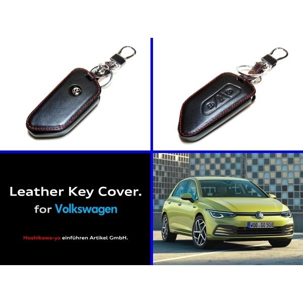 VW レザー キーカバー 『ゴルフ８用』【黒・赤ステッチ】 新型ゴルフ ID.3 ID.4 他
