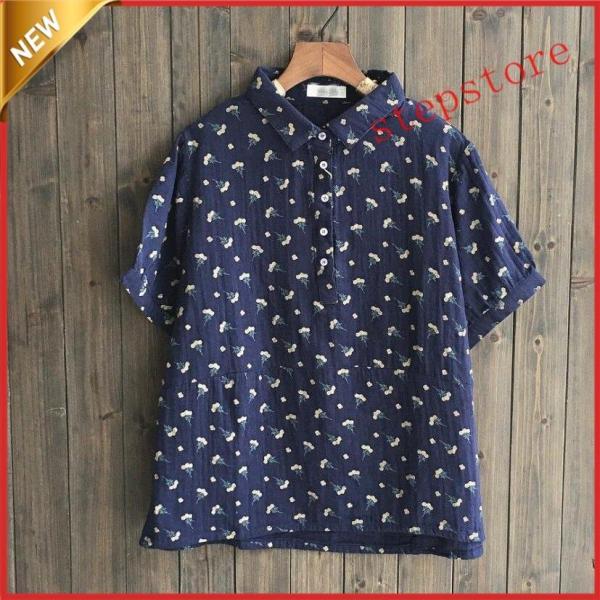 綿麻ポロシャツレディース半袖シャツ学園風 Ｔシャツ森ガール風ガールズシャツ小花柄4色ゆったりス上着2...