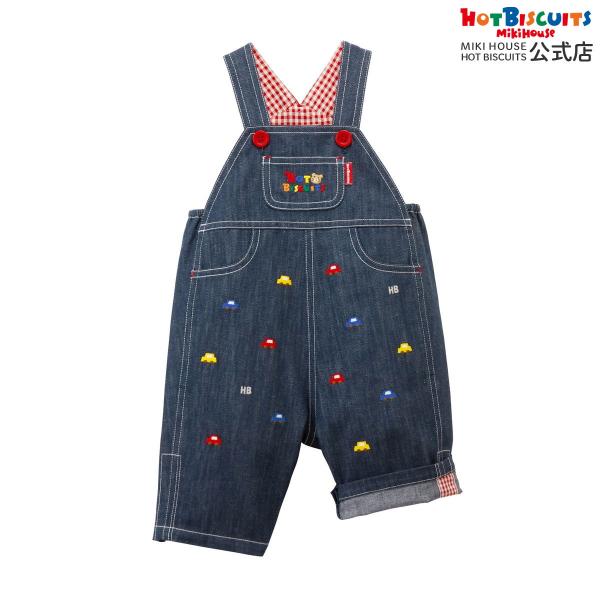 ミキハウス くるま刺繍 デニム オーバーオール 紺 S(70-80cm) M(80-90cm) L(...