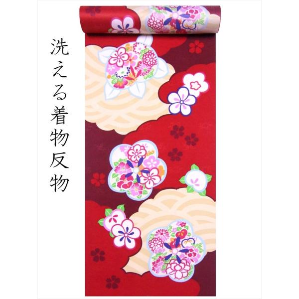洗える着物反物　a-80　ツバキ・ウメ柄・赤地