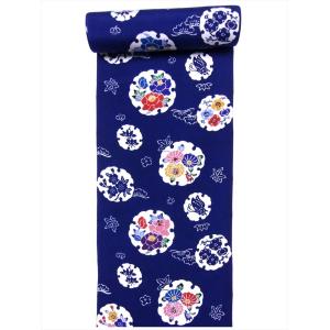 ジュニア着物反物 kk-35 雪輪花柄・紺地の商品画像