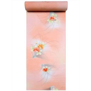 正絹 着物 反物 訳有り　kk-5  花柄・うすオレンジ地