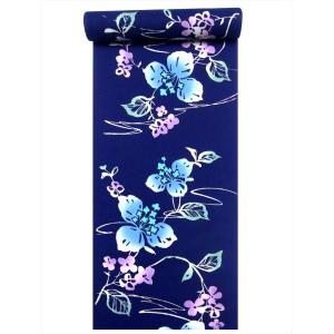 浴衣反物 レディース -43F- 綿絽 白磁・花浅葱/牡丹・菊 綿100% 日本製