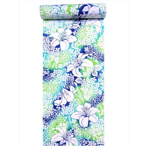 浴衣 反物　NO.11  グリーン地・ゆり柄・注染染め/耳あり