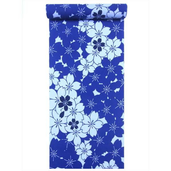 浴衣 反物　NO.148  紺地・サクラ柄・注染染め/耳あり