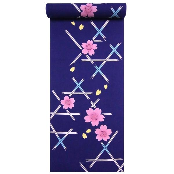 浴衣 反物　NO.17  紺地・サクラ柄・注染染め/耳あり