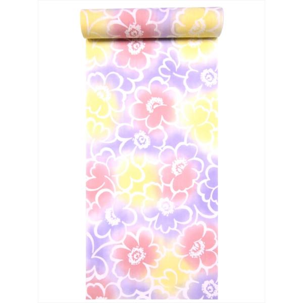 浴衣 反物　NO.192  パステル地・ツバキ柄・注染染め/耳あり