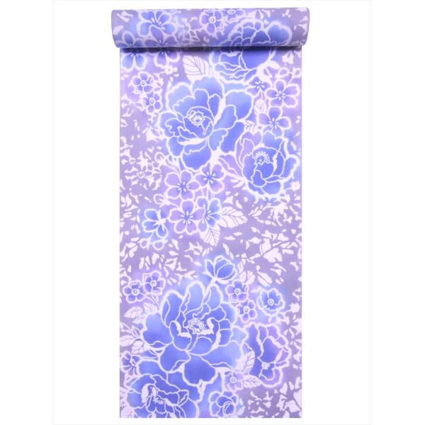 浴衣 反物　NO.19  グレー地・バラ柄・注染染め/耳あり