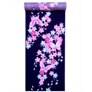 浴衣反物 教材用 No.92 紫紺地 チョウ・桜柄 片面染め/耳ナシ : ゆかた