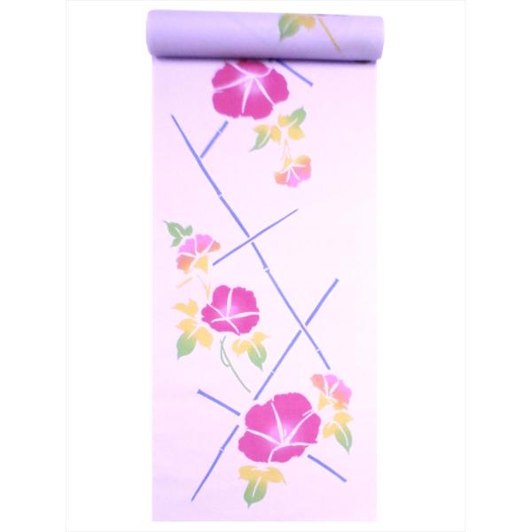 浴衣 反物　NO.397  うす紫ピンク地・朝顔柄・注染染め/耳あり