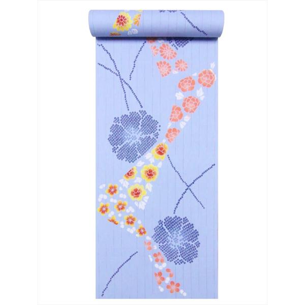 浴衣反物　NO.428 水色地・牡丹・菊柄・注染染め/耳あり