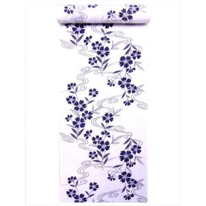 浴衣反物 レディース -43F- 綿絽 白磁・花浅葱/牡丹・菊 綿100% 日本製