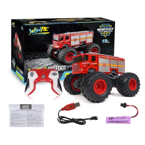 ラジコン消防車　WOWRC　1/18　ラジコン　モンスタトラック　消防車　はしご車 LEDシグナル付...
