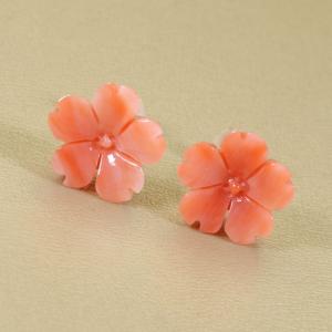 ピンク珊瑚 薔薇の花 ピアス K18 （約13〜14ミリ） コーラル アクセ