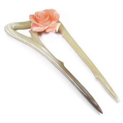 桃珊瑚 スカッチ ピンク 薔薇 簪 水牛 バッファローホーン 無染色 SANSUI
