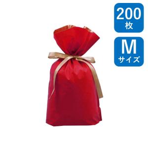 梨地リボン付巾着袋 マチ付き レッド M 200...の商品画像