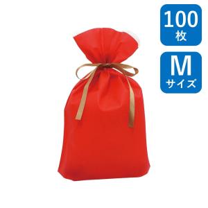 不織布リボン付巾着袋 マチ付き レッド M 10...の商品画像