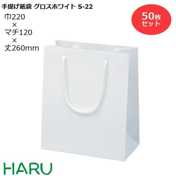 手提げ紙袋 グロスホワイト　S-22　50枚 幅220×マチ120×丈260　PPスピンドル紐（白）