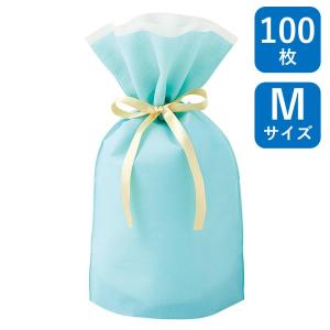 不織布リボン付巾着袋 マチ付き ミント M 10...の商品画像