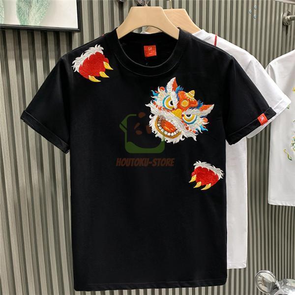 半袖Tシャツ 和柄刺繍 メンズ 刺繍 醒獅 白 Tシャツ 黒Tシャツ スリム 薄手 メンズ特攻服 白...