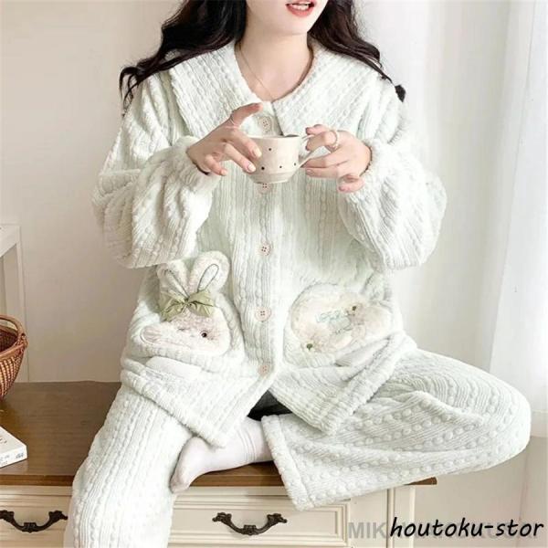 マタニティ パジャマ 冬 モコモコ うさぎ かわいい 無地 長袖 マタニティ ルームウェア 授乳口 ...