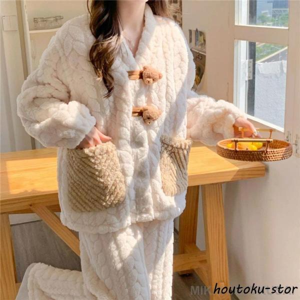 マタニティ パジャマ 冬 モコモコ クマ かわいい シンプル 長袖 マタニティ ルームウェア 授乳口...