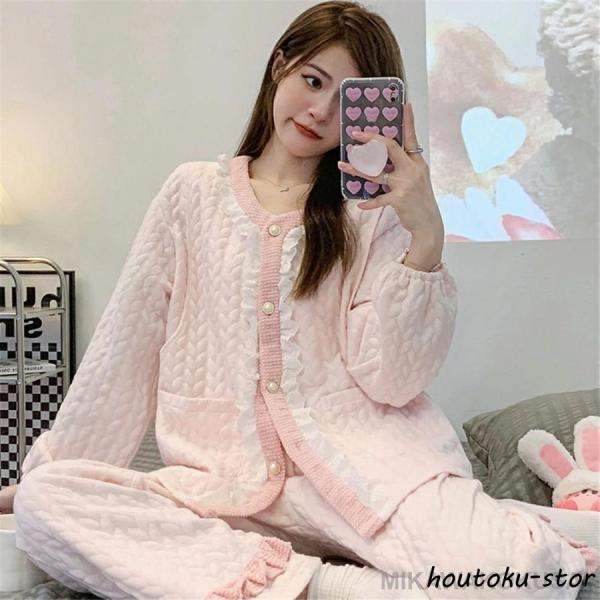 マタニティ パジャマ 冬 モコモコ 無地 前開き かわいい 長袖 マタニティ ルームウェア 授乳口 ...