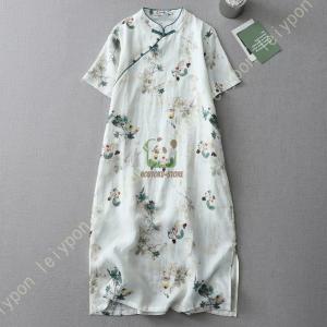 レディース 綿麻 チャイナドレス ワンピース 半袖 春夏 花柄 立ち襟 ドレス ロング丈 民族風 ナチュラル ゆったり 体型カバー カジュアル フォーマル 復古