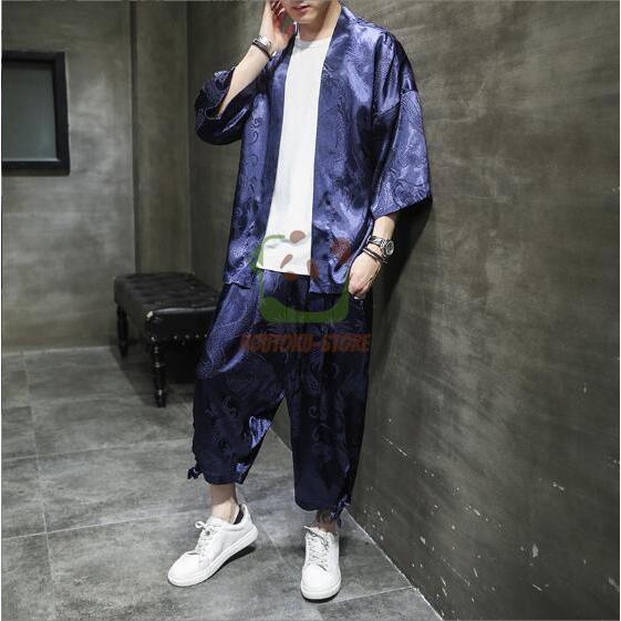 甚平 メンズ 羽織 龍柄 刺繍 夏 セットアップ 5分袖ス 作務衣 クロップドパンツ 夏服 和風 オ...