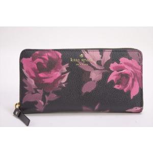 美品 ケイトスペード 長財布 Hawthorne 商品追加値下げ在庫復活 Lane 花柄 バラ ブラック Pvc Pwru5230 Spade Kate ピンク系 ラウンドファスナー 1904lt006