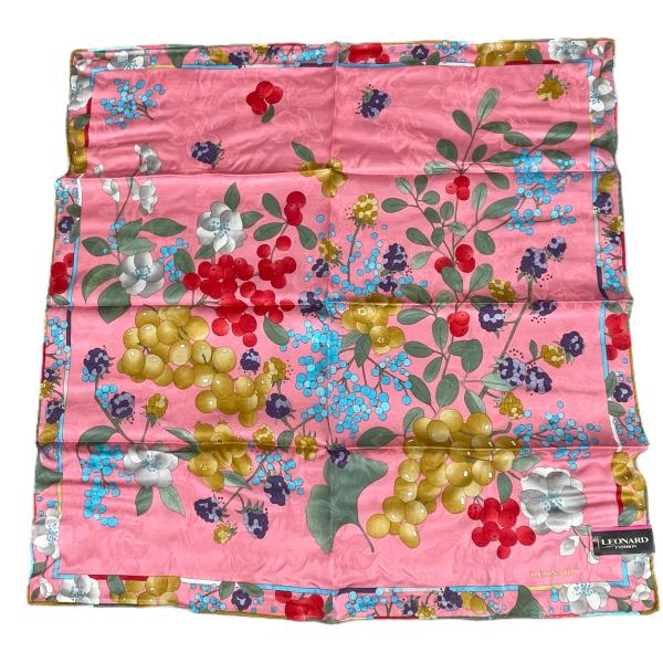 大判 花柄シルクハンカチ LEONARD レオナール ピンク 総柄